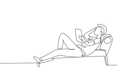 single continuous line drawing young man reading vector image