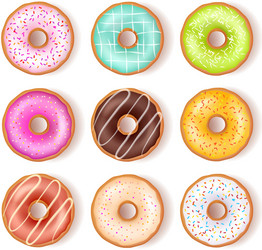 bright tasty donuts top view set vector image