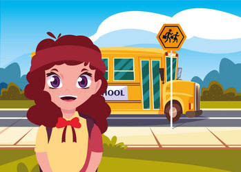 school girl with bag in street bus vector image