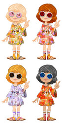 four diverse cartoon girls showing peace signs vector image