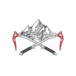 hand drawn crossed ice axes with mountains logo vector image