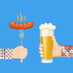 Sausage on fork and lager glass beer in hand vector