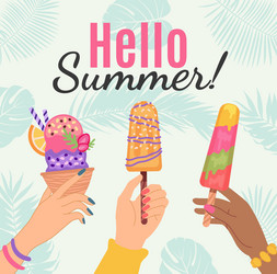 hello summer banner or poster hand hold ice cream vector image