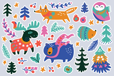 christmas forest animal sticker set vector image