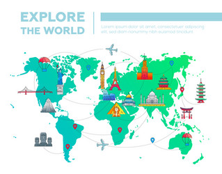 explore the world - map with famous landmarks vector image