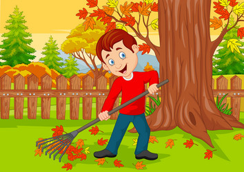 Cartoon male cleaner sweeping autumn leaves vector