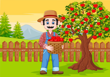 cartoon male farmer holding apple basket vector image