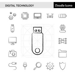 Set of 17 digital technology hand-drawn icon vector