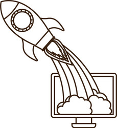 Computer screen with flying rocket isolated icon vector