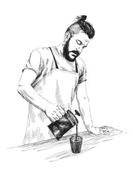 young barista man in apron with a beard holds vector image