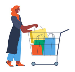 woman with shopping trolley filled bags vector image