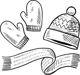 doodle winter mittens hat scarf vector image