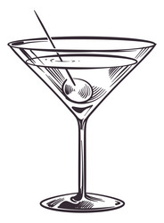 martini cocktail glass with olive hand drawn vector image