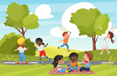 cartoon children play in summer park or garden vector image