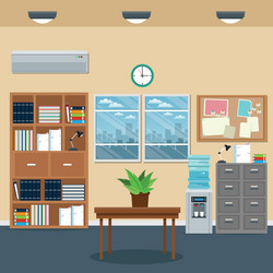 Office workspace bookshelf cabinet table plant vector