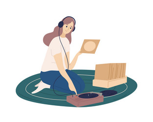 funny girl wearing headphones putting vinyl vector image