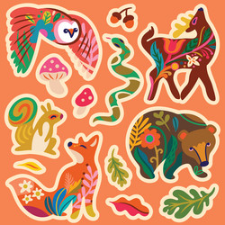 sticker set forest animals in folk style vector image