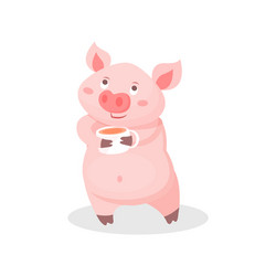 funny pig drinking tea cute little piglet cartoon vector image