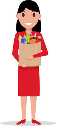 cartoon woman with paper bag full food vector image