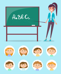 English teacher near chalkboard with abc letters vector