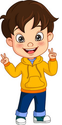 cartoon little boy in yellow jacket and peace hand vector image