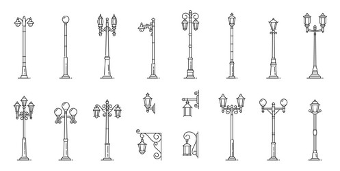 streetlight lamppost pillar lanterns line icons vector image