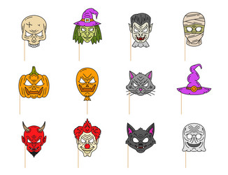 line art halloween photo booth mask props set vector image