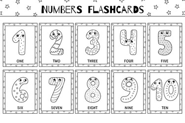 cute numbers 1-10 black and white flashcards vector image