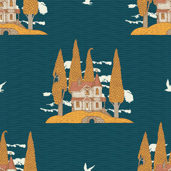 seamless pattern with houses and trees on hills vector image