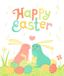 happy easter festive postcard with rabbits painted vector image