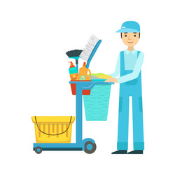 man with cart filled special equipment vector image