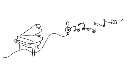 Music notes continuous line drawing with piano vector