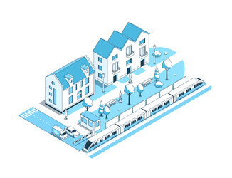 safe railway crossing - isometric vector image