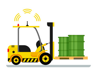 yellow automatic forklift car driving green barrel vector image