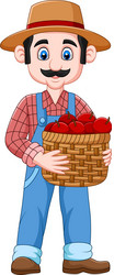 cartoon farmer holding a basket of apples vector image