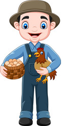 cartoon farmer holding chicken and a basket of egg vector image