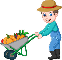 cartoon young farmer pushing a wheelbarrow full vector image