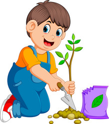 a boy planting green young plant with fertilize vector image