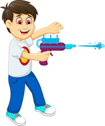 funny boy cartoon playing water gun vector image