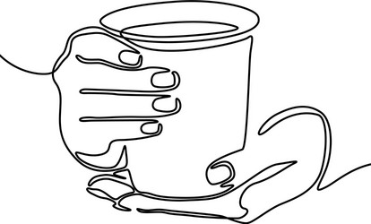 hand holding mug with tea or coffee one line vector image