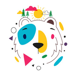 With abstract colored bear head green pine trees vector