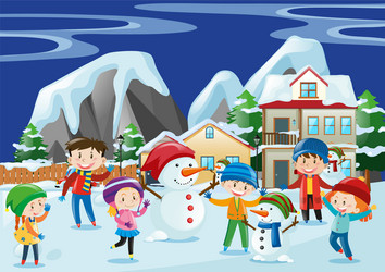 children playing snow in winter vector image