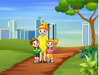 happy children going to school with their mother vector image