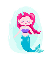 cute happy mermaids with pink hair and blue tail vector image