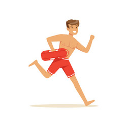 male lifeguard in red shorts running with life vector image