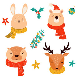 set cute christmas animals rabbit deer otter vector image