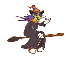 groovy halloween witch character flying on broom vector image