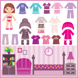 paper doll with a set of clothes and room vector image