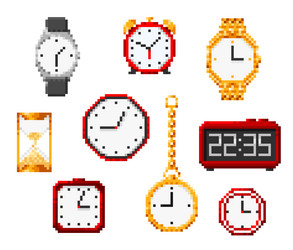 isolated pixel hourglass watch and alarm clock vector image