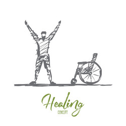 hand drawn happy healed man near wheelchair vector image